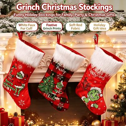 The Grinch قطعة واحدة من زينة جورب عيد الميلاد، وحش فرو أخضر، جورب تخزين هدايا ديكور المدفأة، مناسب لتعليق المدفأة في الشتاء وعيد الميلاد، تخزين هدايا العطلات، ديكور عيد الميلاد المنزلي، ترتيب مشهد الحفلة