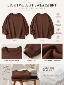 Women's Autumn/Winter New Loose Minimalist Brown Solid Color Casual Fashion Versatile Sweatshirt - Brown - View 6