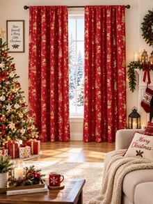 2pcs Red & Gold Christmas Curtains, Bell Tree Snowflake Decorative Pattern Holiday Curtains, Room Decor, Bedroom Decor, Home Decor, Christmas Decor, Christmas Home Decor, Living Room Christmas House Decor - C - View 3