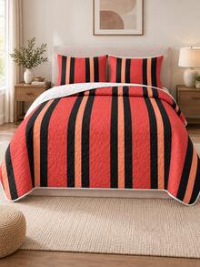 3pcs Red And White Striped Quilted Bedding Set (Bedspread*1, Pillowcases*2, Pillow Inserts Not Included) Breathable And Comfortable, Suitable For All Seasons, Holiday Gift, Ideal For Hotels, Inns, Bedrooms, Ultra-Soft Breathable And Sweat-Absorbent Bedding - Multicolor - View 7