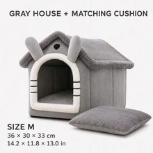 Cute House-Shaped Cat Bed With Matching Mat, Indoor Plush Pet Cave Bed, Suitable For Cats And Small Dogs, Brown/Grey, S/M/L - Grey - View 9