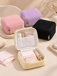 1pc Corduroy Sanitary Napkin Storage Bag, Multi-Functional Portable Storage Pouch, Makeup Bag & Lip Balm Organizer, Large Capacity For Sanitary Pads, Cash And Cosmetics, Women's Essential, Travel Convenient - Multicolor - View 4