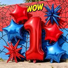7pcs 32 Inch Red Number With Red & Blue Star And Explosion Star Foil Balloon Set, Suitable For Superhero Theme Birthday Party Decoration - View 7