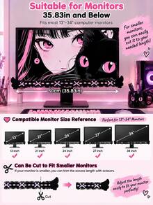 1pc Kawaii Goth Monitor Decoration, Cat Eye Frilly Lace Ribbon PC Screen Border Decor, Coquette Wing Computer Monitor Corner Accessory, Pink Desk Setup Room Decor Gift, Computer Screen Ear Decor - Multicolor - View 5