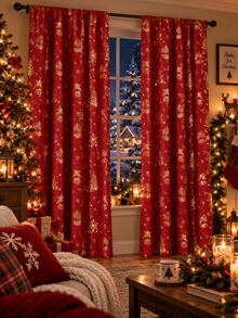 2pcs Red & Gold Christmas Curtains, Bell Tree Snowflake Decorative Pattern Holiday Curtains, Room Decor, Bedroom Decor, Home Decor, Christmas Decor, Christmas Home Decor, Living Room Christmas House Decor - C - View 2