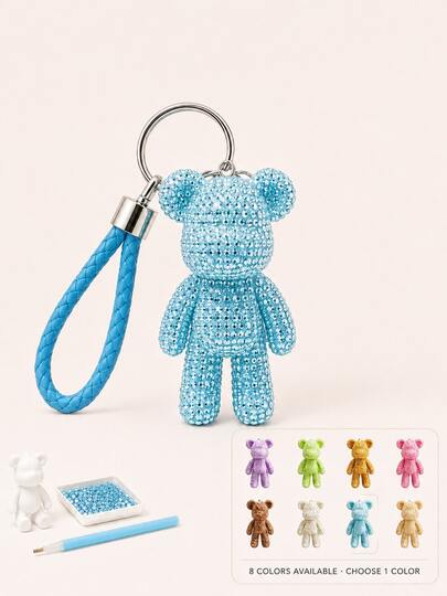 1pc DIY Rhinestone Bear Keychain Kit,Sparkly Bead Art Pendant With White Wrist Lanyard, Rhinestone Tray And Dotting Pen, Handmade Bag Charm Accessory For Craft Projects, Key Ring Decoration, Birthday Gift, Party Favor And Holiday Gift