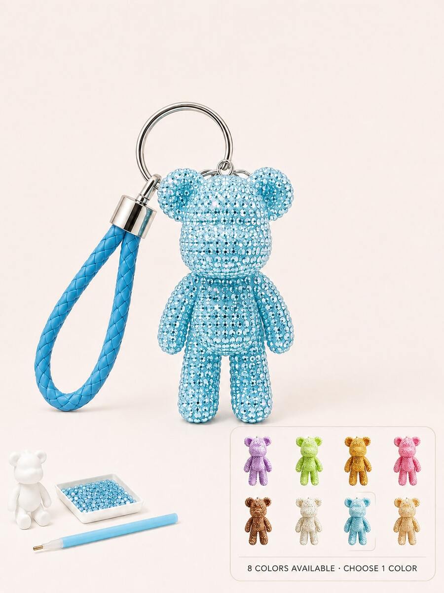 1pc DIY Rhinestone Bear Keychain Kit,Sparkly Bead Art Pendant With White Wrist Lanyard, Rhinestone Tray And Dotting Pen, Handmade Bag Charm Accessory For Craft Projects, Key Ring Decoration, Birthday Gift, Party Favor And Holiday Gift