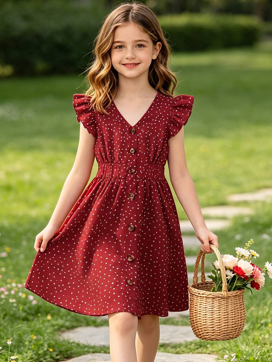 Left Mama Tween Girl Fresh Striped Cap Sleeve V-Neck Waist Cinched Waist Dress, Summer - Red - View 1