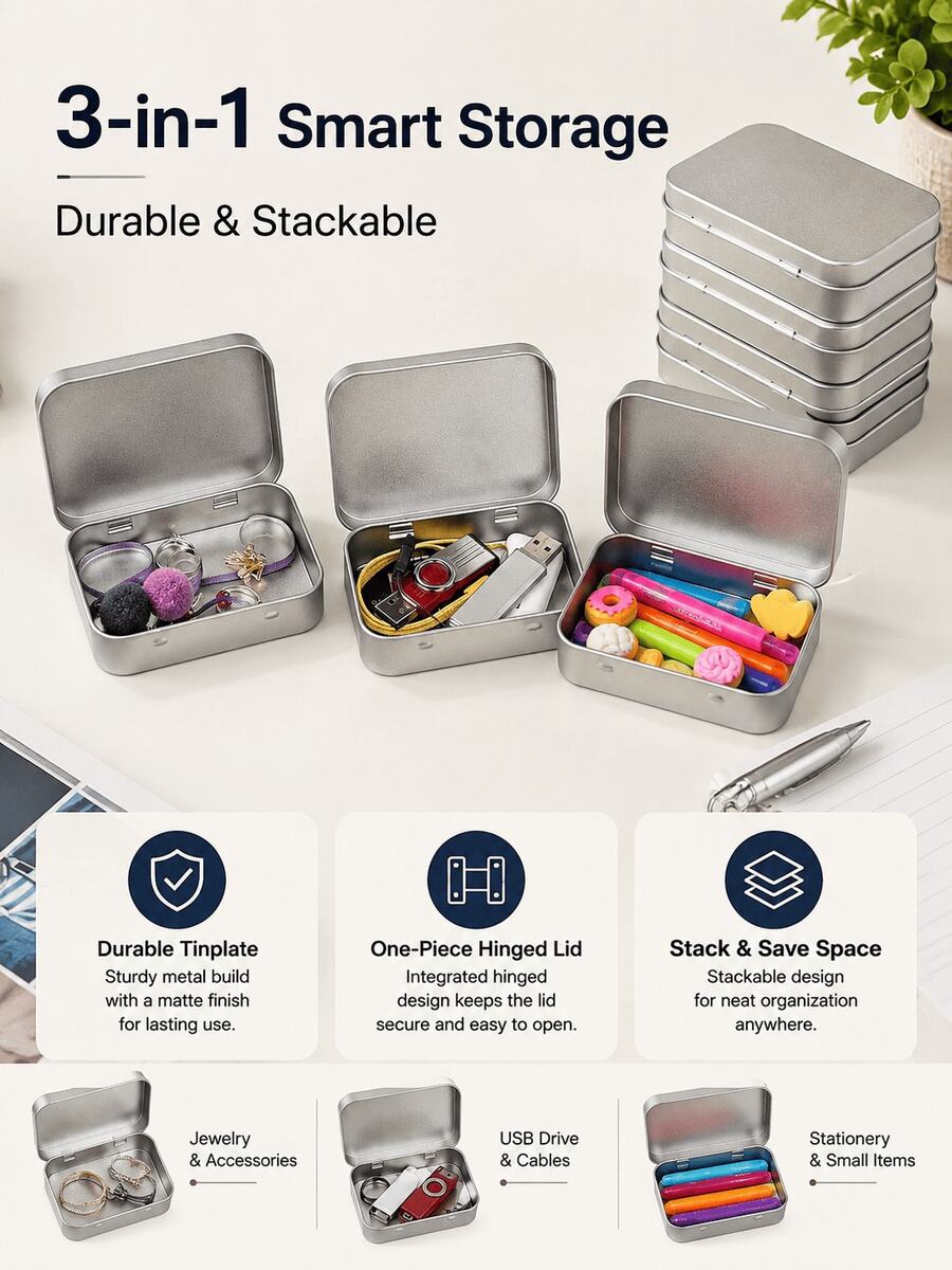 Use, Metal Rectangular Hollow Hinge Can - Silver Mini Portable Box, Small Storage Set, With Lid Home Organization Box, Basic Essentials, Suitable For Storing Push Pins, Jewelry, Crafts, Gifts, Accessories, Matches, Soap (Silver), Sewing Supplies Storage - View 1