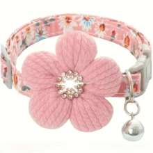 1pc Floral Dog Collar With 3D Flower Charm And Detachable Bell - Suitable For Small Dogs And Cats, Pink & White Pattern Soft Adjustable Polyester Pet Collar, Cute Pet Accessory - Multicolor - View 8