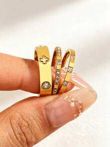 3pcs Gold Stackable Ring Set, Lucky Clover & Cubic Zirconia Inlaid Rings, Minimalist Stainless Steel Rings, Valentine's Day, Christmas And Birthday Holiday Gifts - Four-leaf Clover 3pcs - View 9
