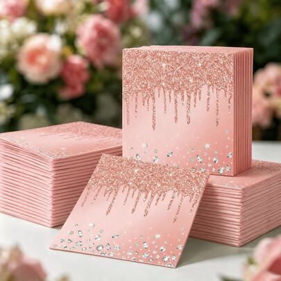 20pcs/100pcs Serbet Kertas Sekali Pakai Motif Berlian dan Payet Rose Gold, Serbet Dua Lapis Mengkilap Warna Pink, Cocok untuk Acara Bridal Shower, Ulang Tahun Anak Perempuan, Pernikahan, Pesta Lajang, dan Dekorasi Meja Lainnya