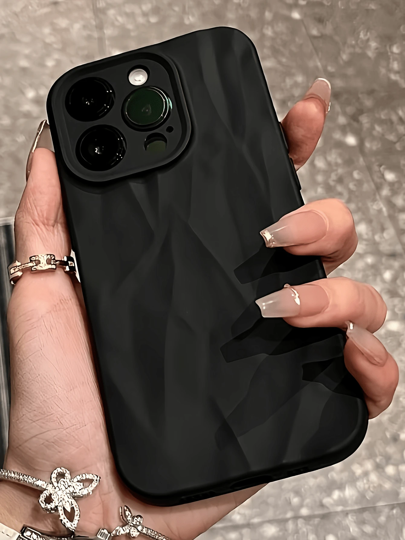 1件裝黑色皺褶極簡純色個性化全包覆TPU防摔手機殼，適用Apple 18 17 16 15 14 13 12 11 Pro Max 保護殼 Air