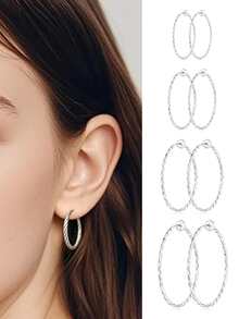 4 Pairs Clip On Hoop Earrings For Women, Non-Pierced Spring Fake Hoops, Faux Nose Lip Septum Cartilage Lobes Rings, 13mm-20mm Multi Sizes, Silver - Style B - View 1