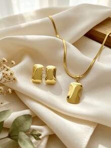 Minimalist Stainless Steel Jewelry Set, Irregular Geometric Pendant Necklace & Earrings, Hypoallergenic & Non Tarnish, Daily Wear Accessories - Gold - View 2