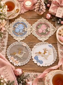 4 buah Tatakan Gelas Renda Vintage, Alas Minuman Motif Bunga & Rusa Bordir, Dekorasi Meja Kopi Teh Rumah yang Elegan dan Romantis - MultiWarna - View 7