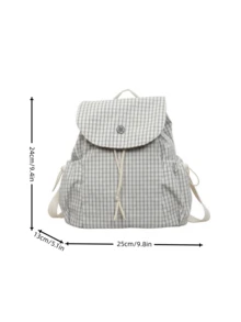Cream Checked Gingham Print Rucksack, Drawstring Flap Design Large Capacity, For School Daily Travel, Round Metal Buckle Casual Bookbag - Multicolor - View 2
