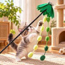 1pc Summer Fresh Coconut Tree Cat Teaser Wand, Non-Woven Fabric Tassel Pom Pom Long Pole Cat Toy, Durable Bite-Resistant Boredom Relief For Cats - View 4