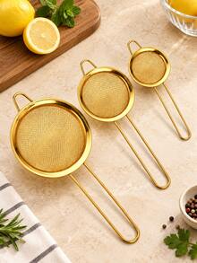 3pcsStainless Steel Fine Mesh Strainer Set, Gold Kitchen Sieve With Long Handle For Tea, Flour, Powder, Juice & Food Filtering, Multipurpose Handheld Kitchen Strainer - Multicolor - View 8