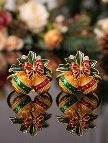 1-12pcs Red & Green Enamel Rhinestone Double Bell Napkin Rings, Vintage Luxurious Alloy Gold-Plated Bow & Holly Leaf Napkin Holders, Christmas Table Party Decor - Multicolor - View 2