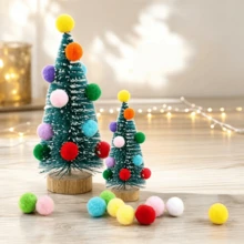 12/26PCS DIY Mini Christmas Tree Set, Includes Small Cedar Trees And Colorful Pom Poms, Random Colors, Party Decoration. Handmade Christmas Gift, Creative Desktop Ornament, Atmospheric Christmas Decor, Ideal Gift, Party Holiday Craft, DIY Party Decoration Kit - Multicolor - View 4