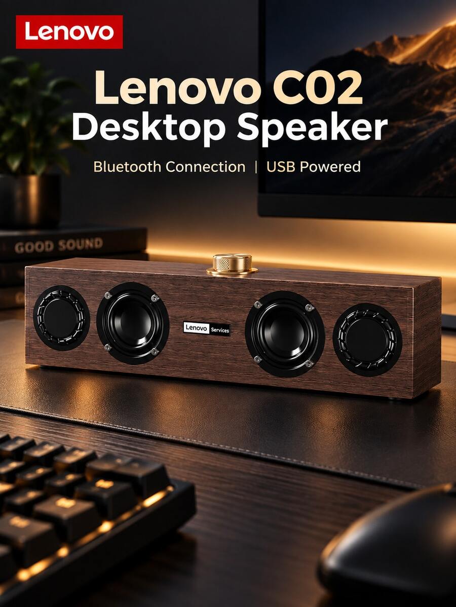 Speaker Desktop Lenovo C02, Koneksi Bluetooth & USB, Speaker Komputer Stereo Bertenaga USB dengan Kontrol Tombol untuk PC, Laptop, TV, dan Perangkat Seluler