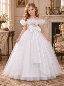 Girls' 3D Floral Off-Shoulder Embroidered Tulle Party Dress, Princess Gown For Birthday, Performance, Flower Girl - White - View 4