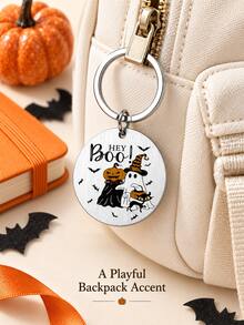 萬聖節鑰匙圈與包包吊飾,「Hey Boo!」南瓜與黑貓設計,圓形不鏽鋼吊墜,適用於錢包、背包與車鑰匙 - 彩色 - 查看 5