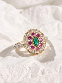 1PC Retro Boho Red Cubic Zirconia Two Tone Golden Ring For Women Unique Silvery Ring Turkish Handmade Ring Daily Party Vacation Jewelry Gifts - Style 1 - View 4