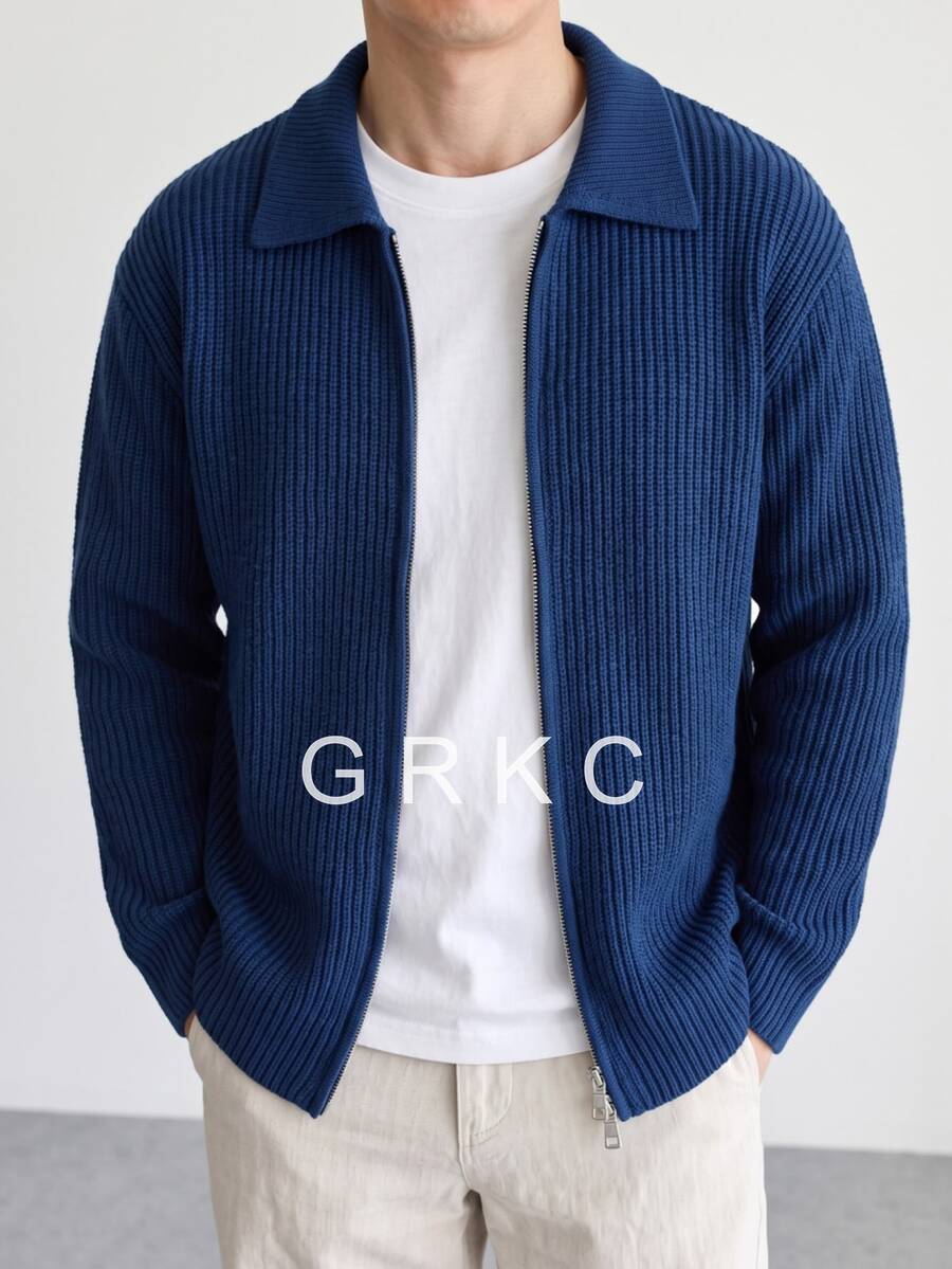 GRKC Men's Double Zipper Knit Cardigan Sweater, Fashion Casual Loose Fit, Autumn/Winter - Blue - View 1