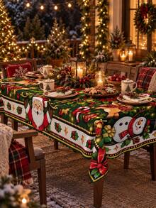 Cartoon Santa Claus Snowman Reindeer Gift Rectangular Tablecloth, Festive Red Green Gold Color Polyester Tablecloth, Candy Cane Bell Bow Holly Pattern, Suitable For Family Dining Room Kitchen Christmas Gathering, Children's Party And Holiday Home Decor - Multicolor - View 15