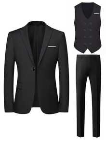 Men's 3 Pieces Suit Set Jacket, Pants And Vest, Fashion Formal Suit For Wedding And Party - Black - View 3
