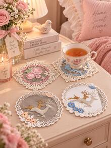 4 buah Tatakan Gelas Renda Vintage, Alas Minuman Motif Bunga & Rusa Bordir, Dekorasi Meja Kopi Teh Rumah yang Elegan dan Romantis - MultiWarna - View 2