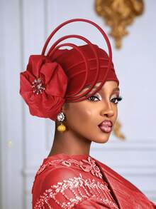 1pc Women Elegant African Gele Turban Hat, Rhinestone Large Flower & Curly Loop Decor Pre-Tied Headwrap, Solid Color Church Party Wedding Statement - A - View 19