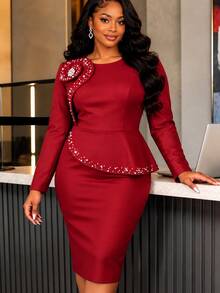 AOMEI Elegant Women's Luxury Red Slim-Fit Pearl Ruffle Dress, 3D Floral Long Sleeve With Bead Accents, For Birthday Party And Formal Dinner Occasions - Red - View 2