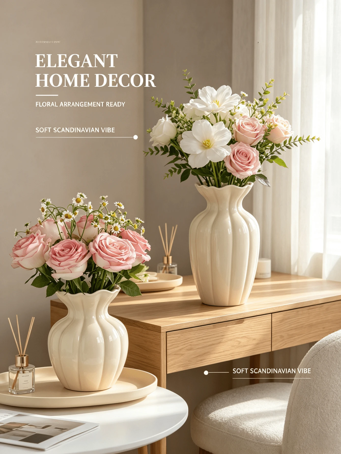 1pc Cream Fluted Plastic Vase, Nordic Minimalist Style, Lightweight Decorative Vase, For Living Room Accent, Bedroom Styling, Side Table Display, Home Floral Vase - Dafy - View 1