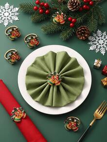 1-12pcs Red & Green Enamel Rhinestone Double Bell Napkin Rings, Vintage Luxurious Alloy Gold-Plated Bow & Holly Leaf Napkin Holders, Christmas Table Party Decor - Multicolor - View 12
