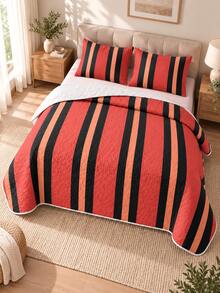 3pcs Red And White Striped Quilted Bedding Set (Bedspread*1, Pillowcases*2, Pillow Inserts Not Included) Breathable And Comfortable, Suitable For All Seasons, Holiday Gift, Ideal For Hotels, Inns, Bedrooms, Ultra-Soft Breathable And Sweat-Absorbent Bedding - Multicolor - View 8