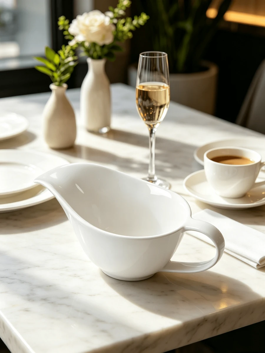 White Glazed Porcelain Gravy Boat, 20 * 9 * 8 Cm; This Ceramic Gravy Boat With Handle Is Perfect For Table Decoration And Serving Sauces And Gravies - White - View 1