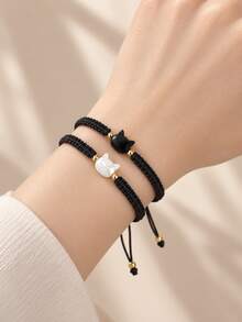 1 buah Gelang Anyaman Gaya dengan Liontin Kucing Hitam, Cocok Sebagai Hadiah untuk Pasangan dan Sahabat - 1 gelang - View 9