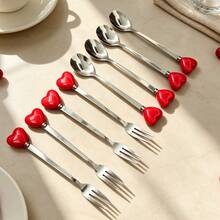 2/8pcs Romantic Heart-Shaped Handle Stainless Steel Dessert Spoons, Colorful Heart-Shaped Handle Design, Suitable For Coffee, Ice Cream And Beverage Stirring, Polished Surface Tableware, With Dessert Spoon, Coffee Spoon And Fruit Fork, Suitable For Home, Restaurant, Kitchen, Daily Dining, Birthday Party And Holiday Gathering - Multicolor - View 5
