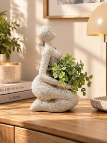 1pc Modern Female Figure Resin Planter, Spotted Stone Texture Decorative Flower Pot, Small Artistic Succulent & Plant Stand, Suitable For Bookshelf, Desktop, Balcony, Housewarming Gift For Women And Home Decor Enthusiasts - A - View 4