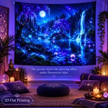 2D Flat Pattern, Single Piece, Forest Night Scene Tapestry, Blue, Purple, Fluorescent Colors, Ancient Trees, Waterfall, Lotus Pond, Full Moon, Starry Sky, Butterfly Pattern, Glows Under Fluorescent Light, Suitable For Wall Decoration, Bedroom Backdrop, Party Decoration - Multicolor - View 7