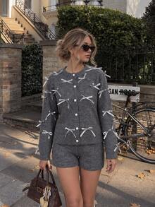 Women's Gray Sweater Co-Ord Set With Bow Details, Long Sleeve Cardigan And Shorts, Perfect For Fall And Winter Style - Grey - View 1