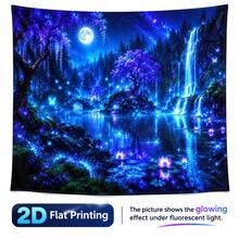 2D Flat Pattern, Single Piece, Forest Night Scene Tapestry, Blue, Purple, Fluorescent Colors, Ancient Trees, Waterfall, Lotus Pond, Full Moon, Starry Sky, Butterfly Pattern, Glows Under Fluorescent Light, Suitable For Wall Decoration, Bedroom Backdrop, Party Decoration - Multicolor - View 4