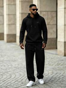 Men's Long Sleeve Drawstring Hoodie And Sweatpants Casual Set - Black - View 2