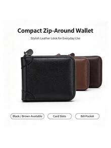 1pc Men Minimalist Horizontal Short Wallet, Multi-Function Card Holder Integrated Purse, Large Capacity Zipper Leather Billfold For Daily Use - Multicolor - View 1