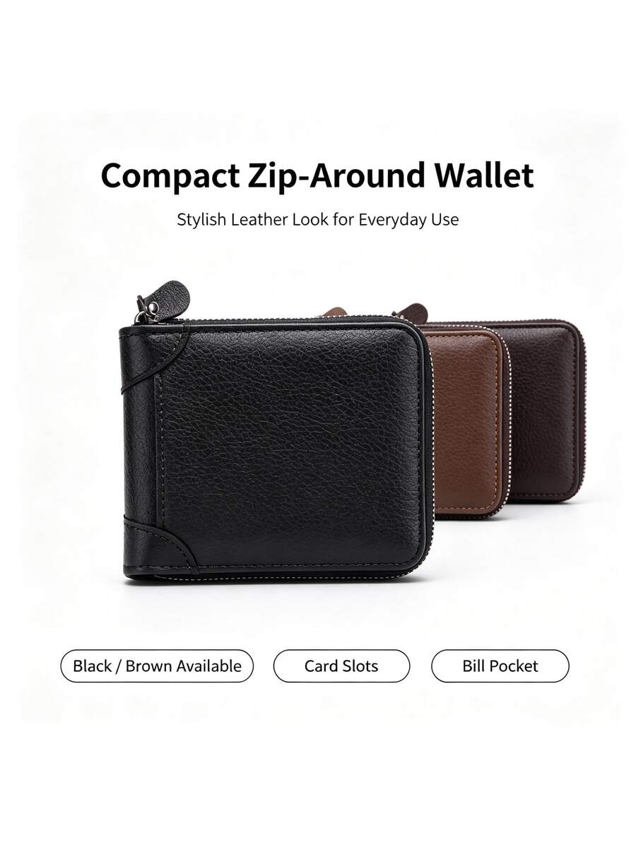 1pc Men Minimalist Horizontal Short Wallet, Multi-Function Card Holder Integrated Purse, Large Capacity Zipper Leather Billfold For Daily Use - Multicolor - View 1