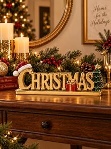 1pc Gold Christmas Letter Resin Desktop Ornament, Christmas Table Decor With Santa Hat, Gift Box And Mini Christmas Tree, Holiday Fireplace Mantel Decoration - New Product - View 7