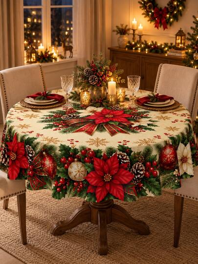 Mantel con estampado de Poinsettia navideña, patrón de rama de pino, piña, baya roja, lazo a cuadros y copo de nieve, decoración de mesa de comedor para vacaciones de invierno, adecuado para fiesta de Navidad, cocina, comedor y decoración del hogar